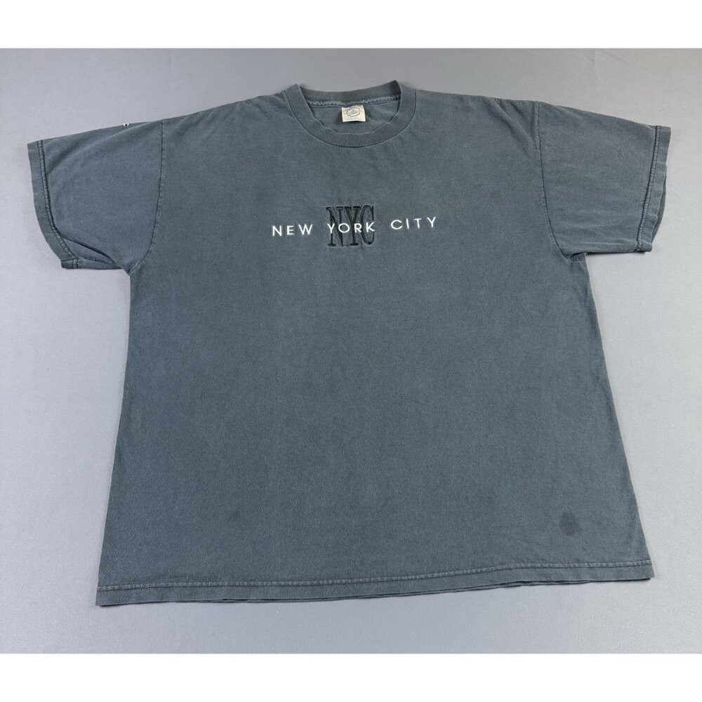 Rare Vintage 90s New York City NYC Black Faded Shirt Stitched Logo Spell Out XL